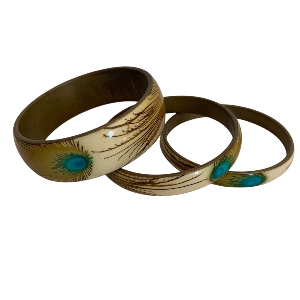 Bracelets Set Of‎ 3 Peacock Feather Design Copper Painted Enamel Turquoise Brown